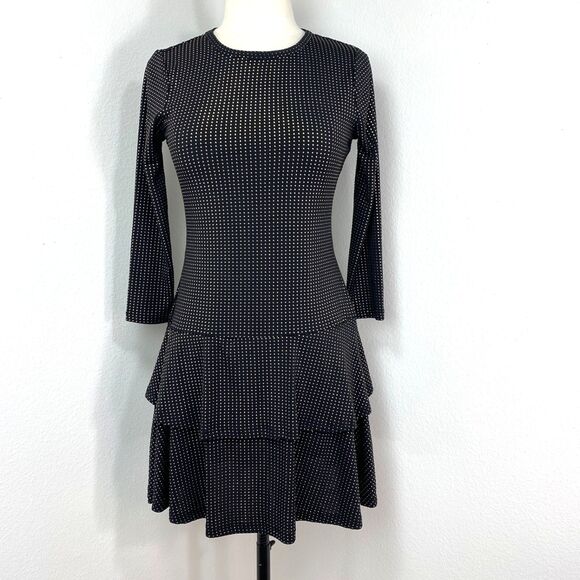 Michael Michael Kors Black Gold Studded Dress XS Drop Waist Flounces 3/4 Sleeves - Picture 1 of 13